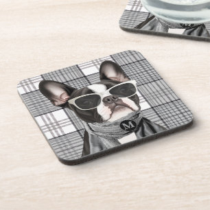 Porta-copo Cachorro Stylish Boston Terrier e Xadrez Monograma