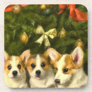 Porta-copo Cachorros de Corgi bonitos de Natal debaixo da árv