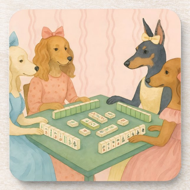 Porta-copo Cães Antigos Fofos Jogando Mahjong (Frente)