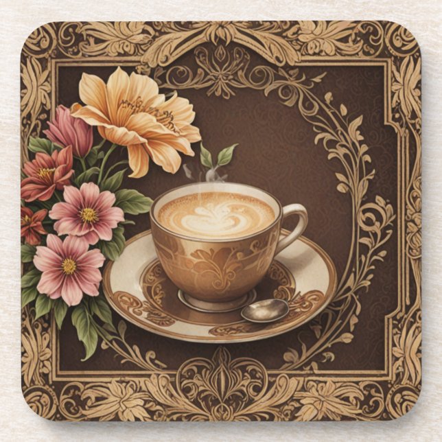 Porta-copo Café e flores em folha (Frente)