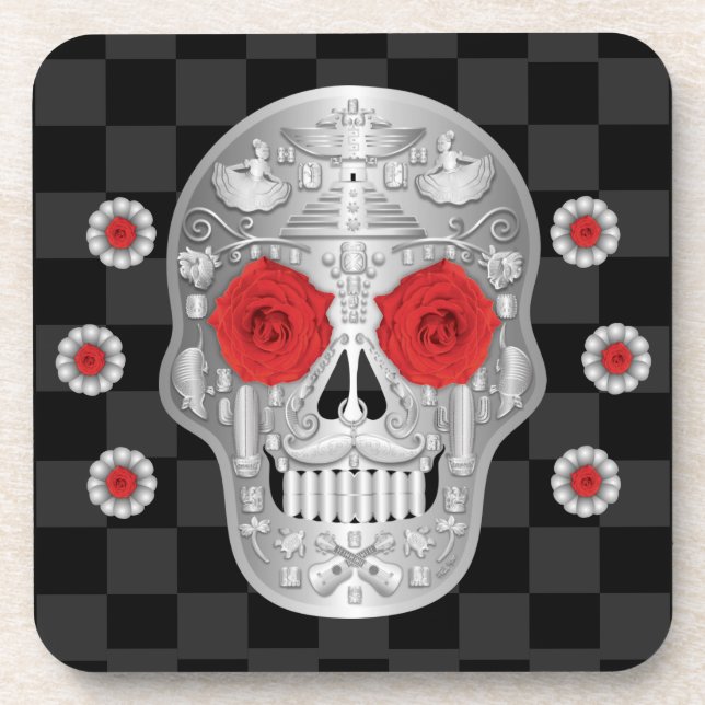 Porta-copo Calavera (Rosa vermelha) de bebidas (Frente)