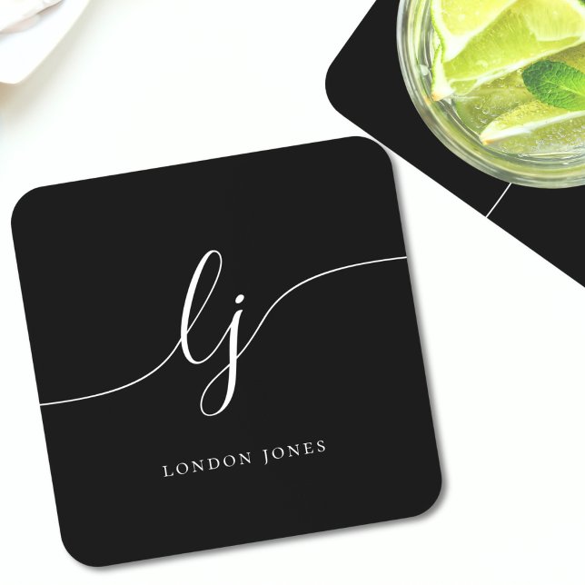 Porta-copo Caligrafia Elegante Simples Monograma Preto (Criador carregado)