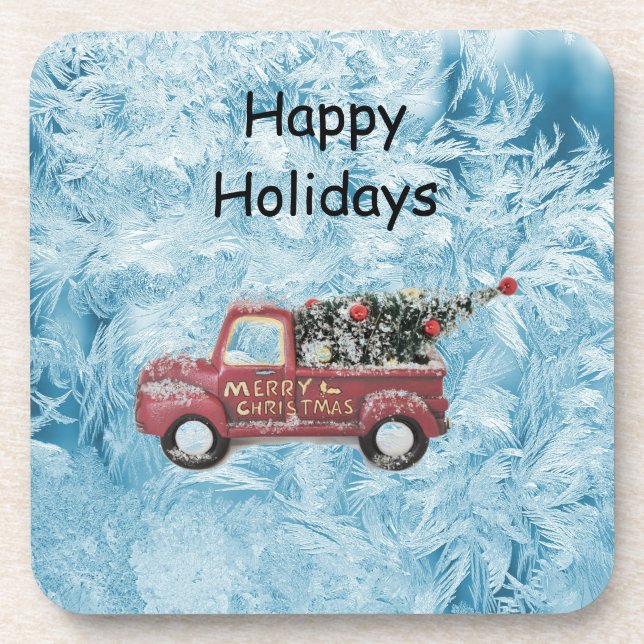 Porta-copo caminhão de colheita vermelho sobre fundo azul com (Frente)