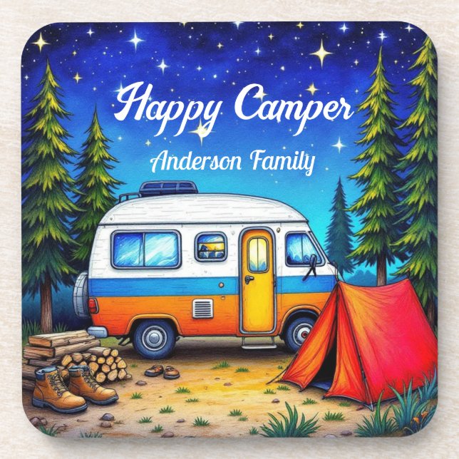 Porta-copo Camper Camping Blue Green Nature Watercolor (Frente)