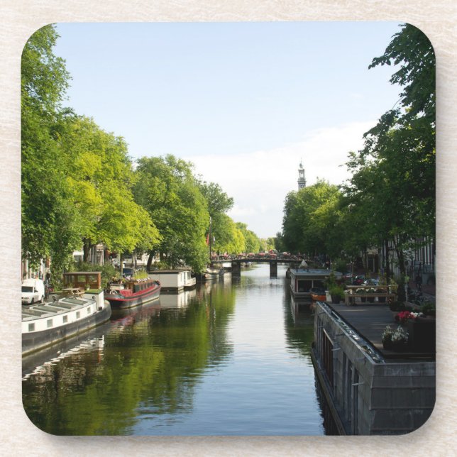 Porta-copo Canal de Amsterdã com Barcos-Casa e Árvores Exuber (Frente)