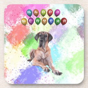 Porta-copo Cão Dogue Alemão Desejando Feliz Ano Novo