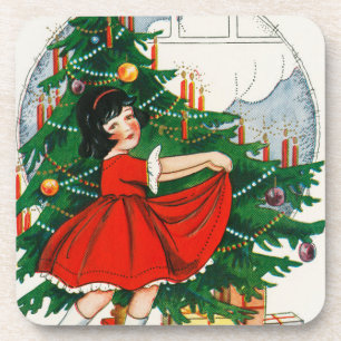Porta-copo Cartão postal de Natal retrô, criança e árvore de