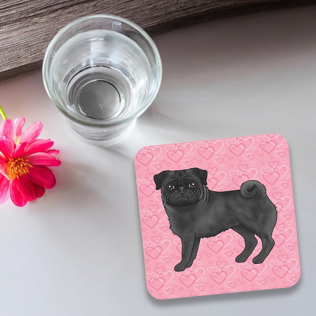 Porta-copo Cartoon Black Pug Dog Mops Pink Love Heart Pattern (Disclaimer: This image is a digital mockup thus items may not be in scale.)