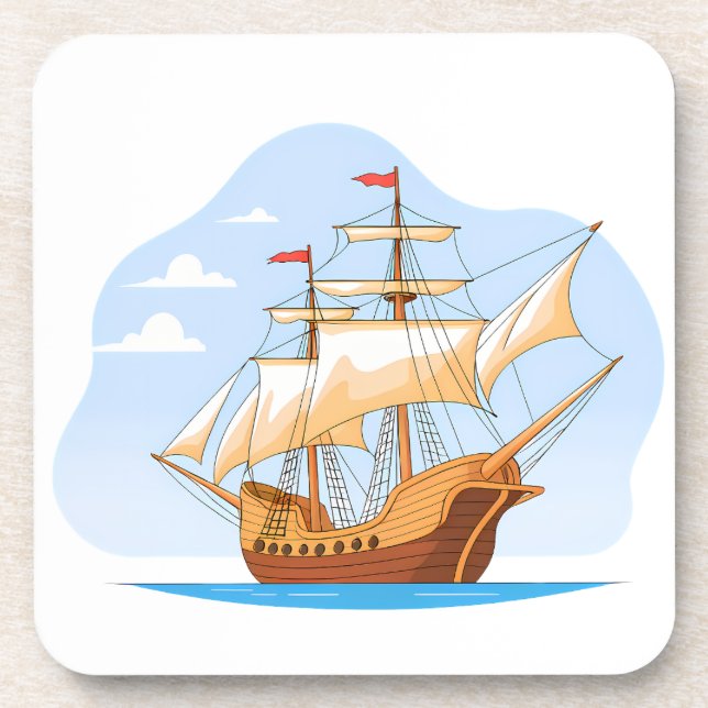 Porta-copo Cartoon Galleon Sailing on Blue Water (Frente)