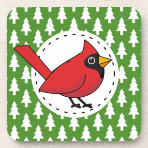 Porta-copo Cartoon Red Cardinal sobre Pinheiros Brancos Verde