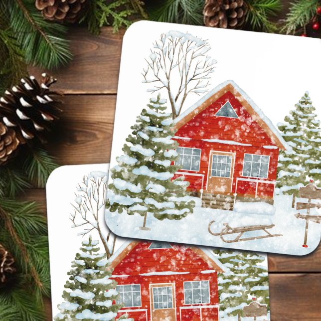 Porta-copo Casa Vermelha da Paisagem de inverno (Criador carregado)