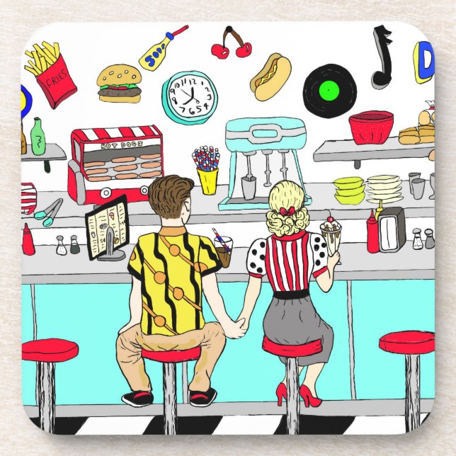 Porta-copo casal de 1950 segurando mãos no jantar (Frente)