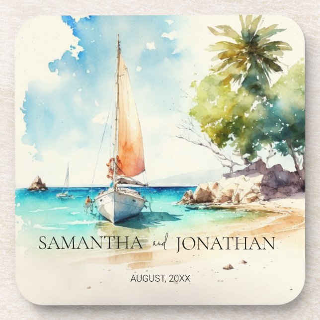 Porta-copo Casamento de cruzeiro de barco a aquarela minimali (Frente)