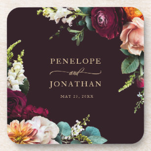 Porta-copo Casamento Dourado Floral de Autumn Burgundy