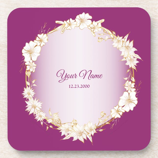Porta-copo Casamento Geométrico Rústico Floral Branco Dourado (Frente)
