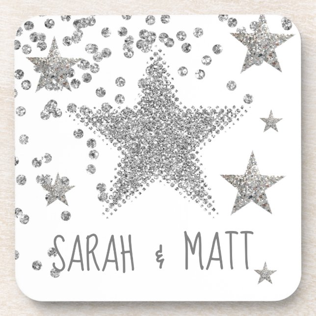 Porta-copo Casamento Personalizado das Estrelas Silver Sparkl (Frente)