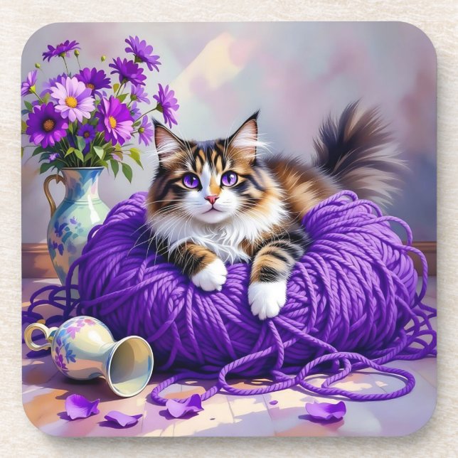 Porta-copo Cat  in Purple Yarn and Flowers   (Frente)