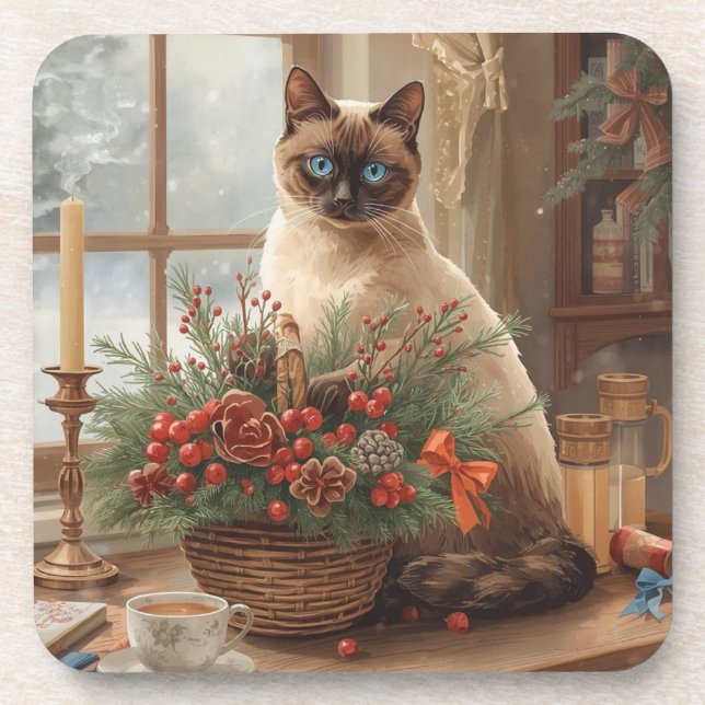 Porta-copo Cat is arranging Christmas Flowers (Frente)