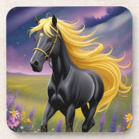 Cavalo Preto Majestoso com Crina Dourada Fluindo