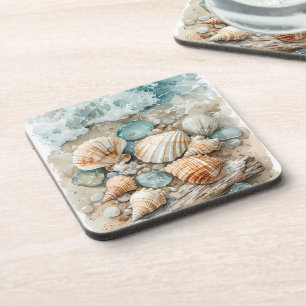 Porta-copo Cena de Conchas Marinhas Costeiras em Aquarela com