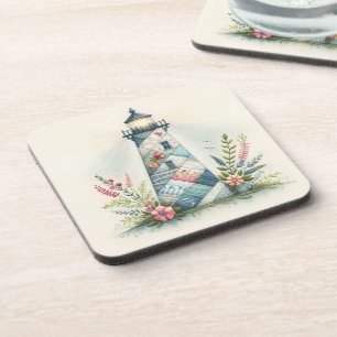 Porta-copo Cena Floral do Farol em Patchwork Costeiro