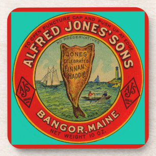 Porta-copo cerca de 1900 etiqueta Alfred Jones Sons Finnan Ha