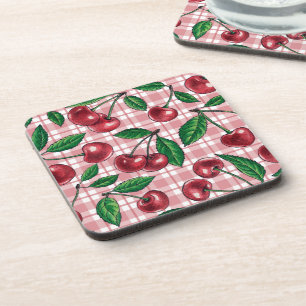 Porta-copo Cerejas vermelhas em gingham rosa