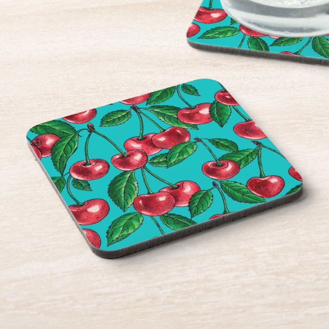 Porta-copo Cerejas vermelhas em turquesa (Left Side)