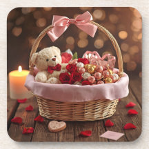 Cesta Romântica de Rosa Teddy para Bebida do Coraç