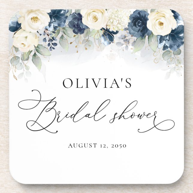 Porta-copo Chá de panela marinho azul e rosas brancas (Frente)