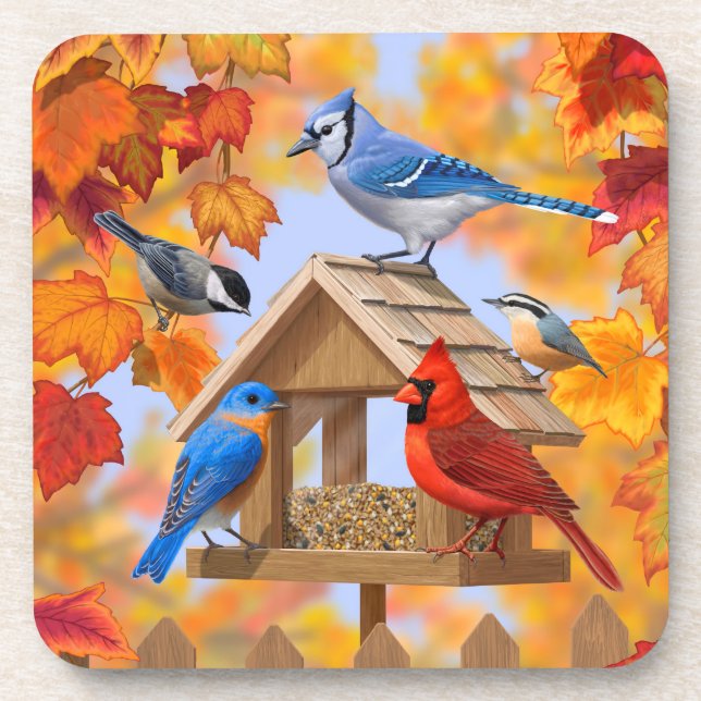 Porta-copo Chickadee Bluebird - Folhas de outono de Azul-Card (Frente)