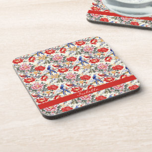 Porta-copo Chinoiserie Personalizada Floral Asiática Rosa Azu