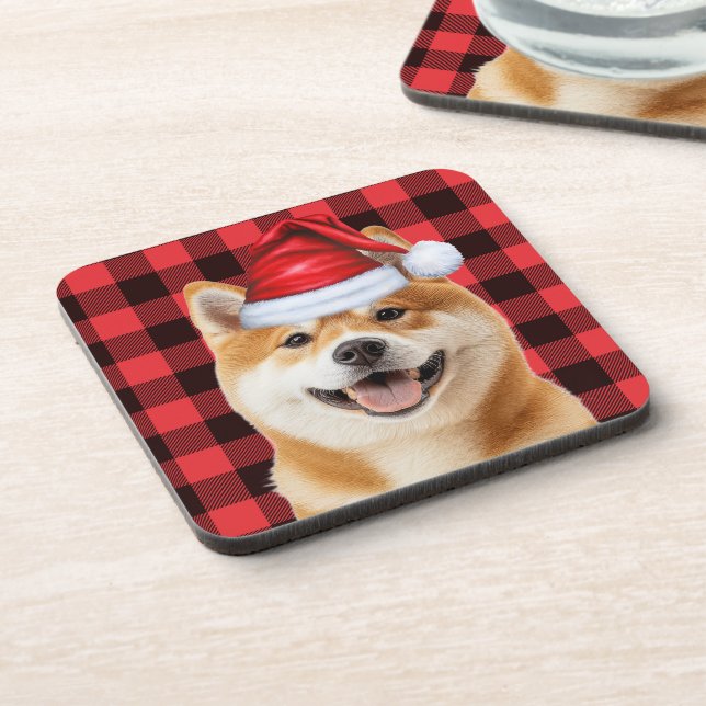 Porta-copo Christmas Akita Dog Red Buffalo Plaid Holiday (Left Side)