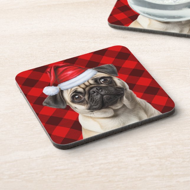 Porta-copo Christmas Themed Pug Dog Holiday Buffalo Plaid (Left Side)