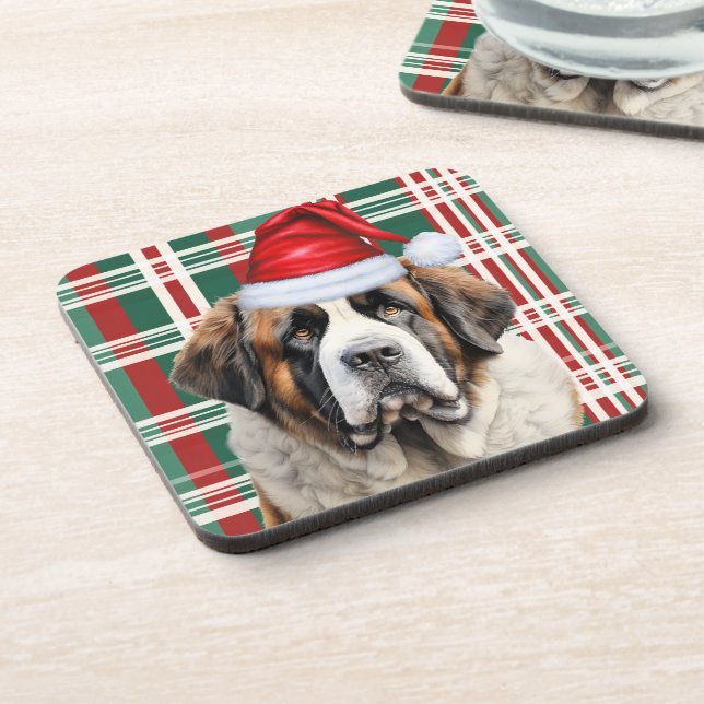 Porta-copo Christmas Themed Saint Bernard Dog Holiday Plaid (Left Side)