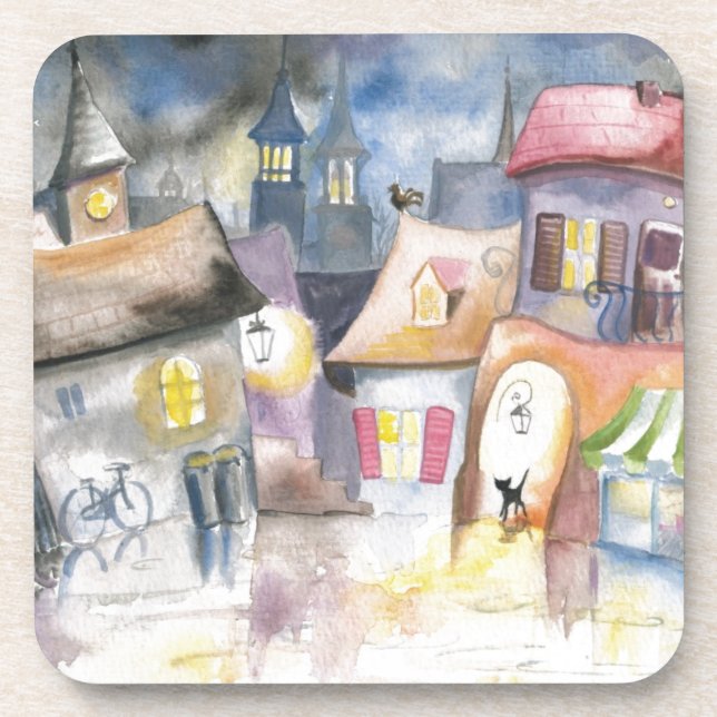 Porta-copo Cidade pequena na noite (Frente)