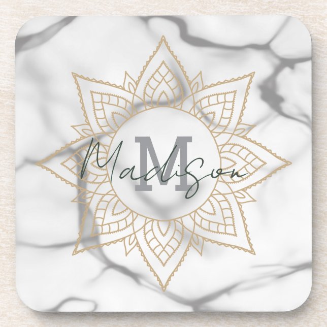 Porta-copo Cinza e efeito mármore branco Dourado Monograma de (Frente)