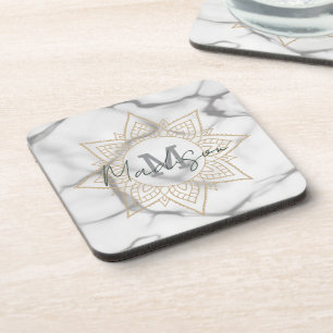 Porta-copo Cinza e efeito mármore branco Dourado Monograma de