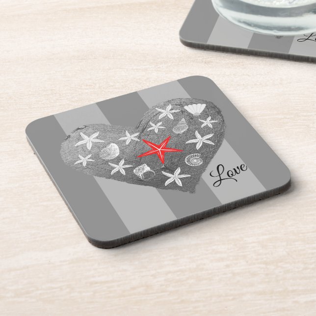 Porta-copo Cinza Stripe Tema Costeiro Seashell Starfish Coraç (Left Side)