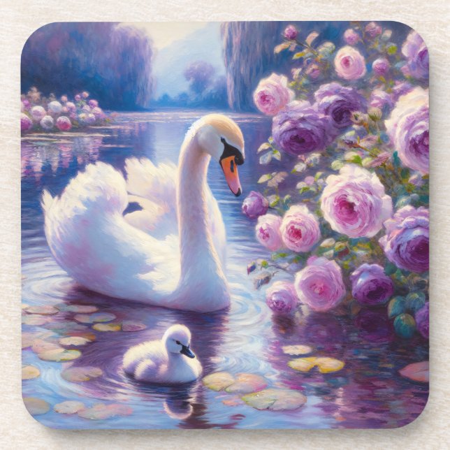 Porta-copo Cisne branco e Cygnet com Rosas roxos (Frente)