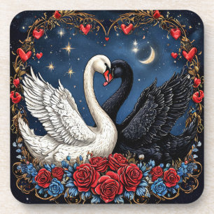 Porta-copo Cisnes Brancos e Pretos com Corações e Rosas