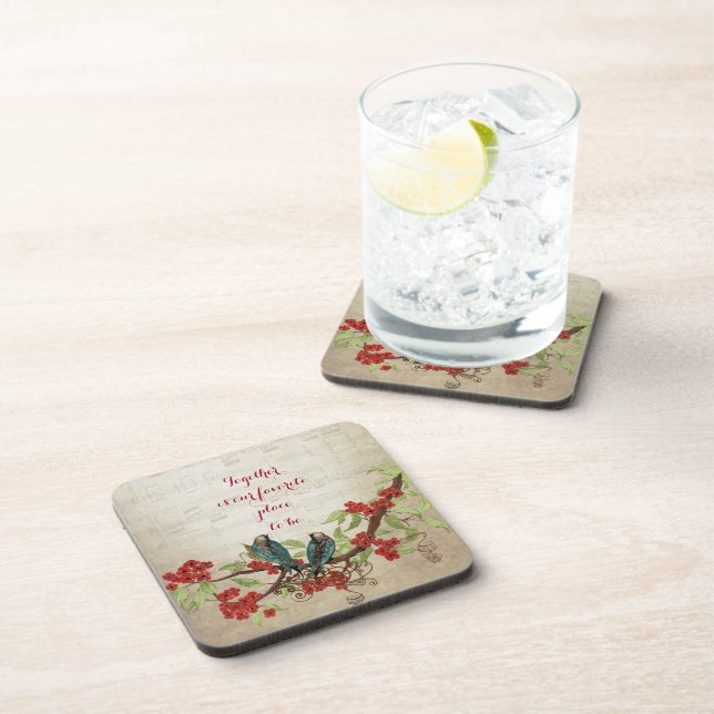 Porta-copo Citação do Padrão Floral Vermelho das Aves Teais V (Lado Direito)