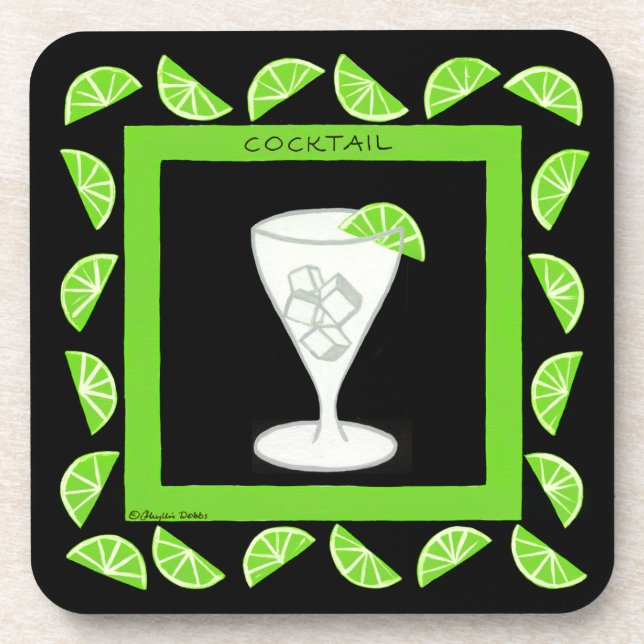 Porta-copo Cocktail Retro Drink Art Green Limes on Black (Frente)