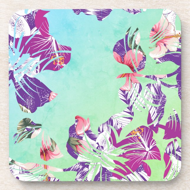Porta-copo Colagem Floral Tropical Moderna em Aqua (Frente)