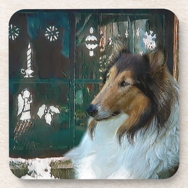 Porta-copo Collie de Natal na Janela (Frente)