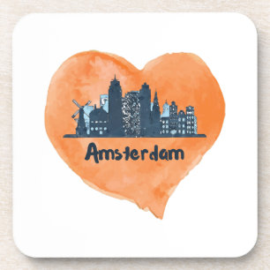 Porta-copo Colorida Amsterdam City Skyline Watercolor Heart P