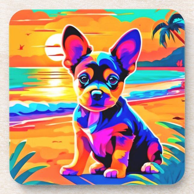 Porta-copo Colorida Chihuahua Puppy em Sunset Beach (Frente)