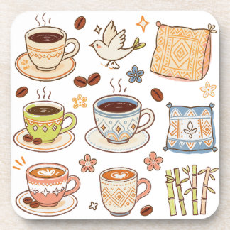 Porta-copo Conjunto de Desenhos à Mão de Café e Arte Folclóri