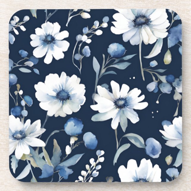 Porta-copo Conjunto de Flores Elegante Aquarela Azul (Frente)