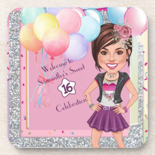 Porta-copo Convite de Caricatura do CustomSweet 16 com Balões